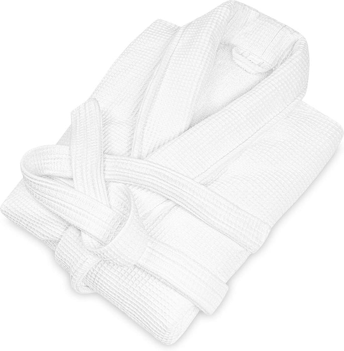 100% Cotton Terry Spa Robe, White Waffle Bathrobe with Belt