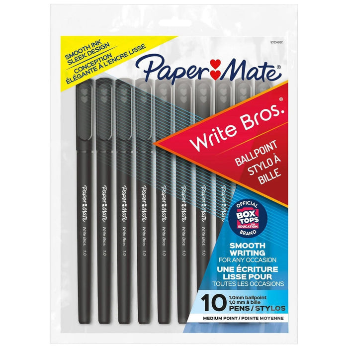 Paper Mate Ballpoint Pens, Write Bros. Black Ink Pens, Medium Point (1.0 mm), 10 Count