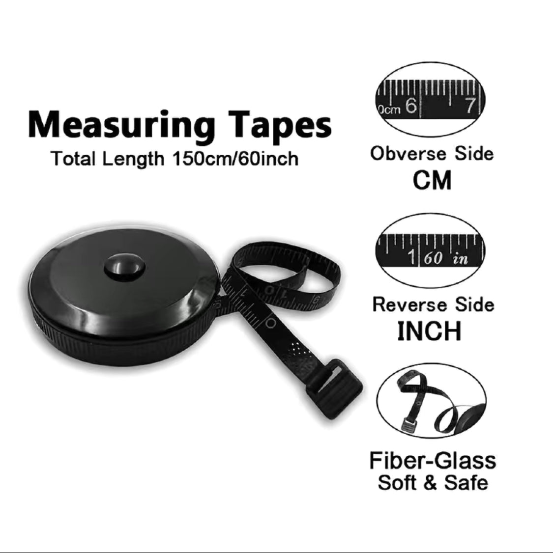 60 inch Tape Measure, Soft Double Sided Black