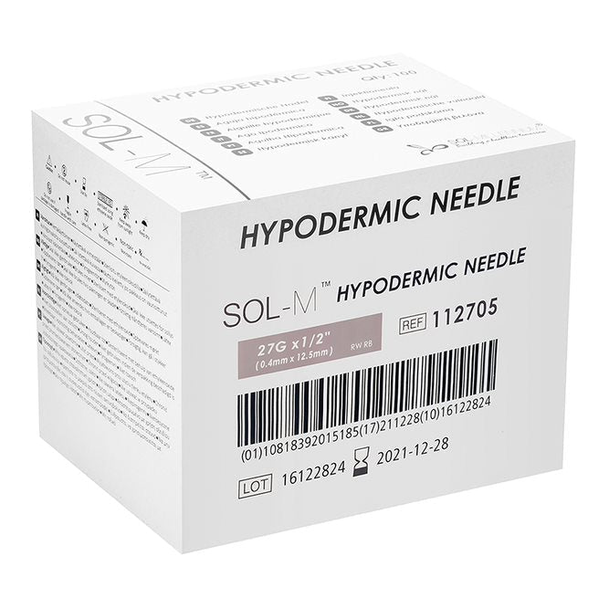 SOL-M Hypodermic Needle 27G x 0.5", 100 each - Beauty Pro Supplies Canada