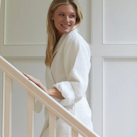100% Cotton Terry Spa Robe, White Waffle Bathrobe with Belt
