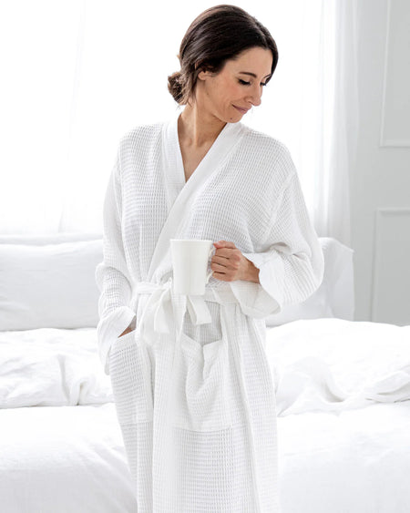 100% Cotton Terry Spa Robe, White Waffle Bathrobe with Belt