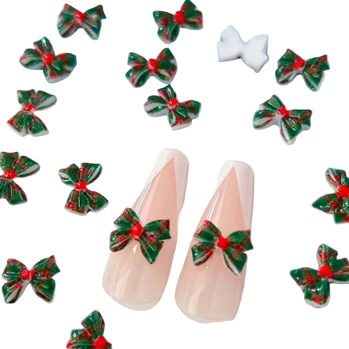 Holiday Green/Red Plaid Bow Nail Charms, Christmas Nail Art Supplies 10pcs