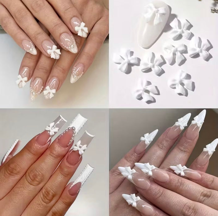 White + Pink Bows Nail Charms 3D Resin Nail Art Gems, 30pcs