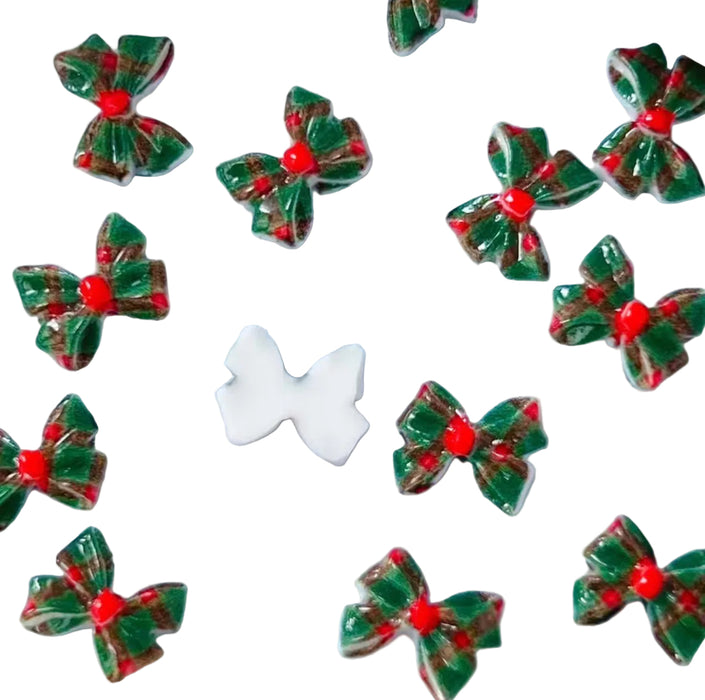 Holiday Green/Red Plaid Bow Nail Charms, Christmas Nail Art Supplies 10pcs