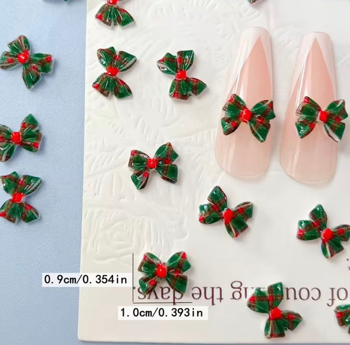 Holiday Green/Red Plaid Bow Nail Charms, Christmas Nail Art Supplies 10pcs
