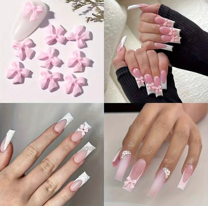 White + Pink Bows Nail Charms 3D Resin Nail Art Gems, 30pcs
