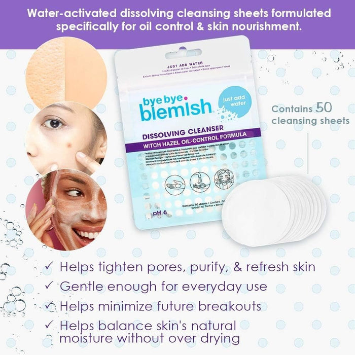 Bye Bye Blemish Dissolving Cleanser Witch Hazel Oil - Control Formula, 50 sheets