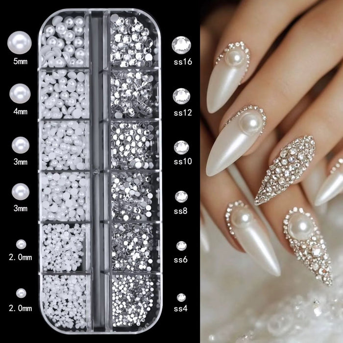 Clear Crystal Gems + White Half Pearls Nail Art Rhinestones & Pearl Set Canada