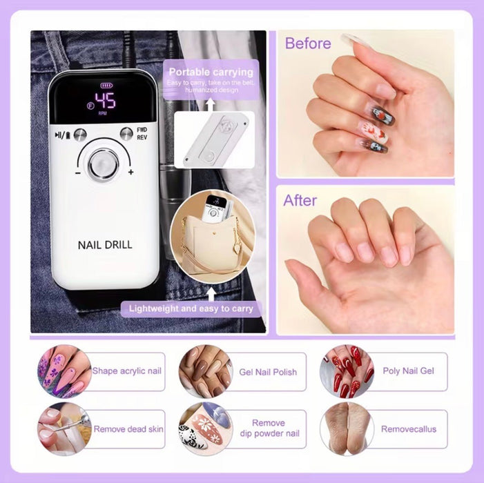 Professional Nail Drill E - File Machine, Portable 45,000 RPM