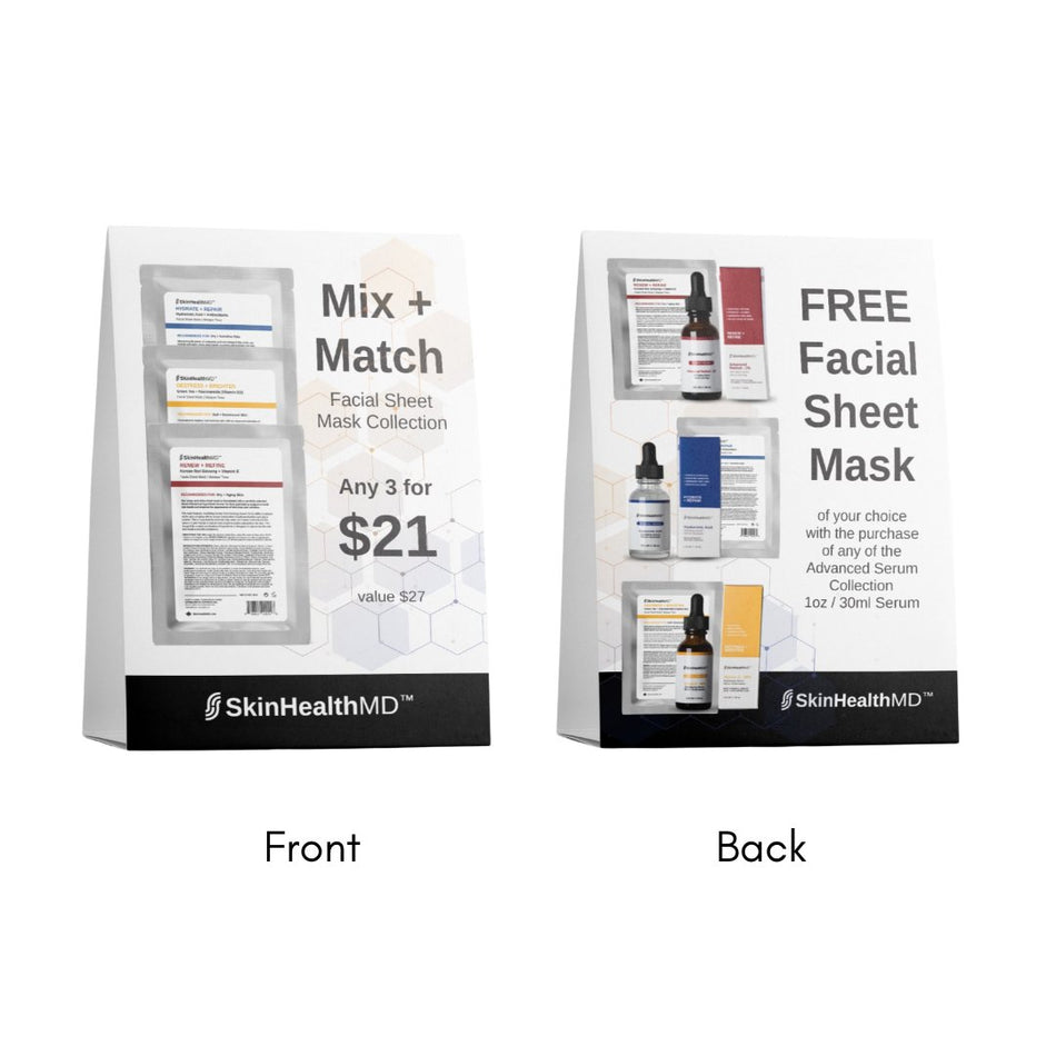 SkinHealthMD Mask Collection POS Retail Promotional Tent Card (2 sided, 2 promos)