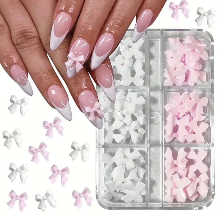 White + Pink Bows Nail Charms 3D Resin Nail Art Gems, 30pcs
