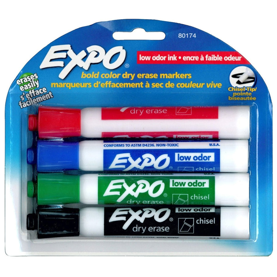 Dry Erase Markers, Chisel Tip Low-Odor Assorted Colours (Pack of 4)