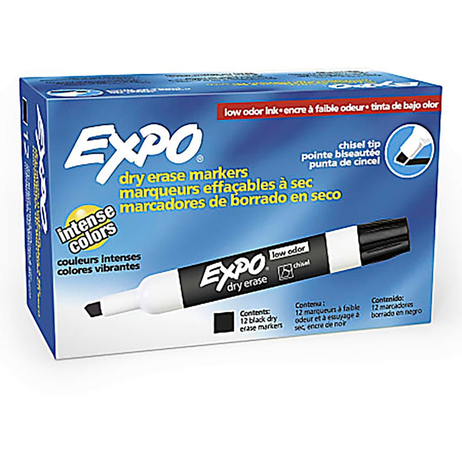 Expo Dry Erase Markers, Chisel Tip Low-Odor - Black (Box of 12)