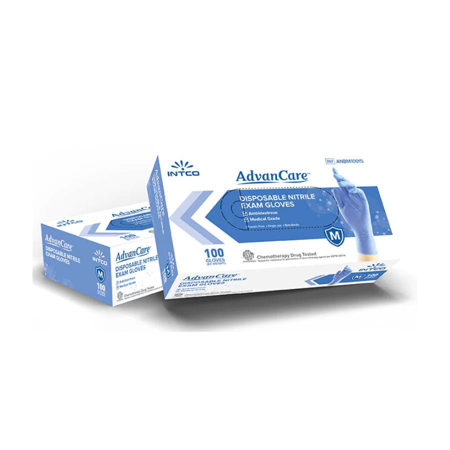 Intco AdvanCare Disposable Nitrile Gloves, Blue PF Medium (100/box) - Beauty Pro Supplies Canada
