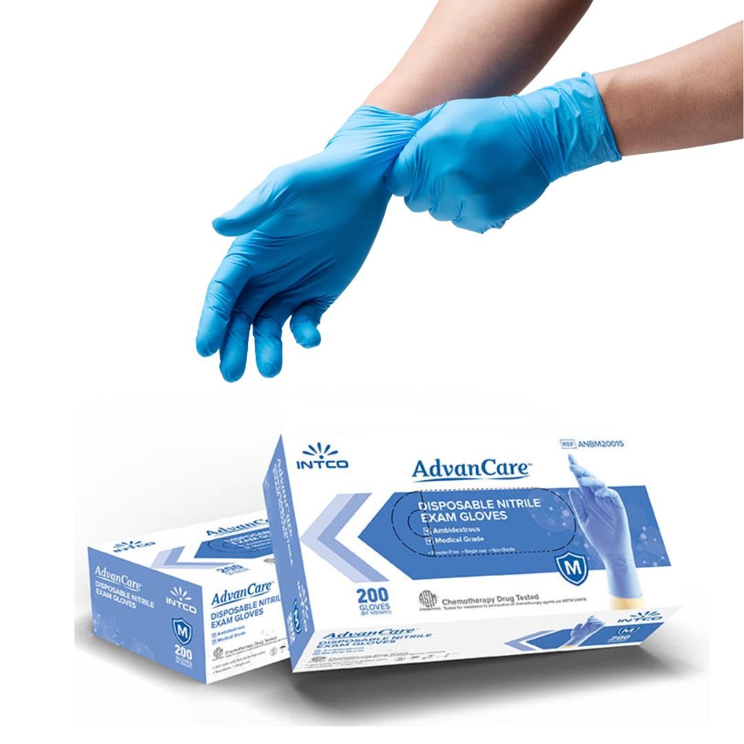 Intco AdvanCare Disposable Nitrile Gloves, Blue PF Medium (100/box) - Beauty Pro Supplies Canada